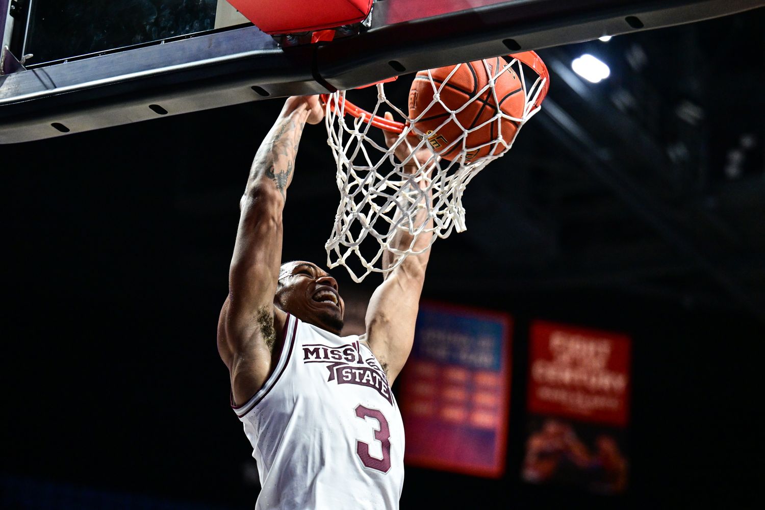 Nov 19, 2023; Uncasville, CT, USA; Mississippi State Bulldogs guard Shakeel Moore (3) dunks the ball against Northwestern Wildcats during the second half at Mohegan Sun Arena. Mandatory Credit: Mark Smith-USA TODAY Sports